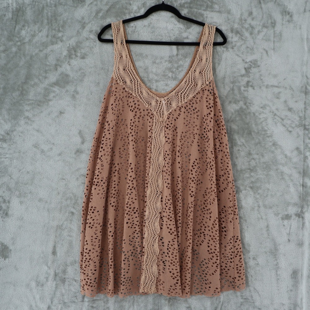 Free People Mini Dress Womens Med Brown Boho Eyelet Beaded Crochet Tunic Coverup - Picture 3 of 15